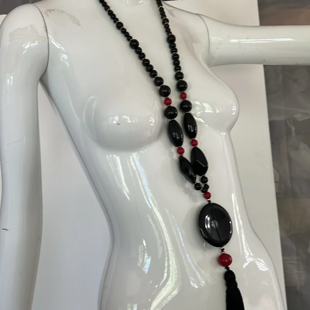 27” Black and Red Lucite w 5” Tassel Asian Inspired Necklace
